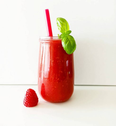Valentine's Day Raspberry-Strawberry Smoothie (Vegan) made with strawberries , raspberries , dates , basil leaves and vanilla extract